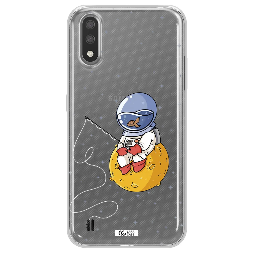 a cartoon of an astronaut sitting on a moon Samsung A01 Clear TPU Case