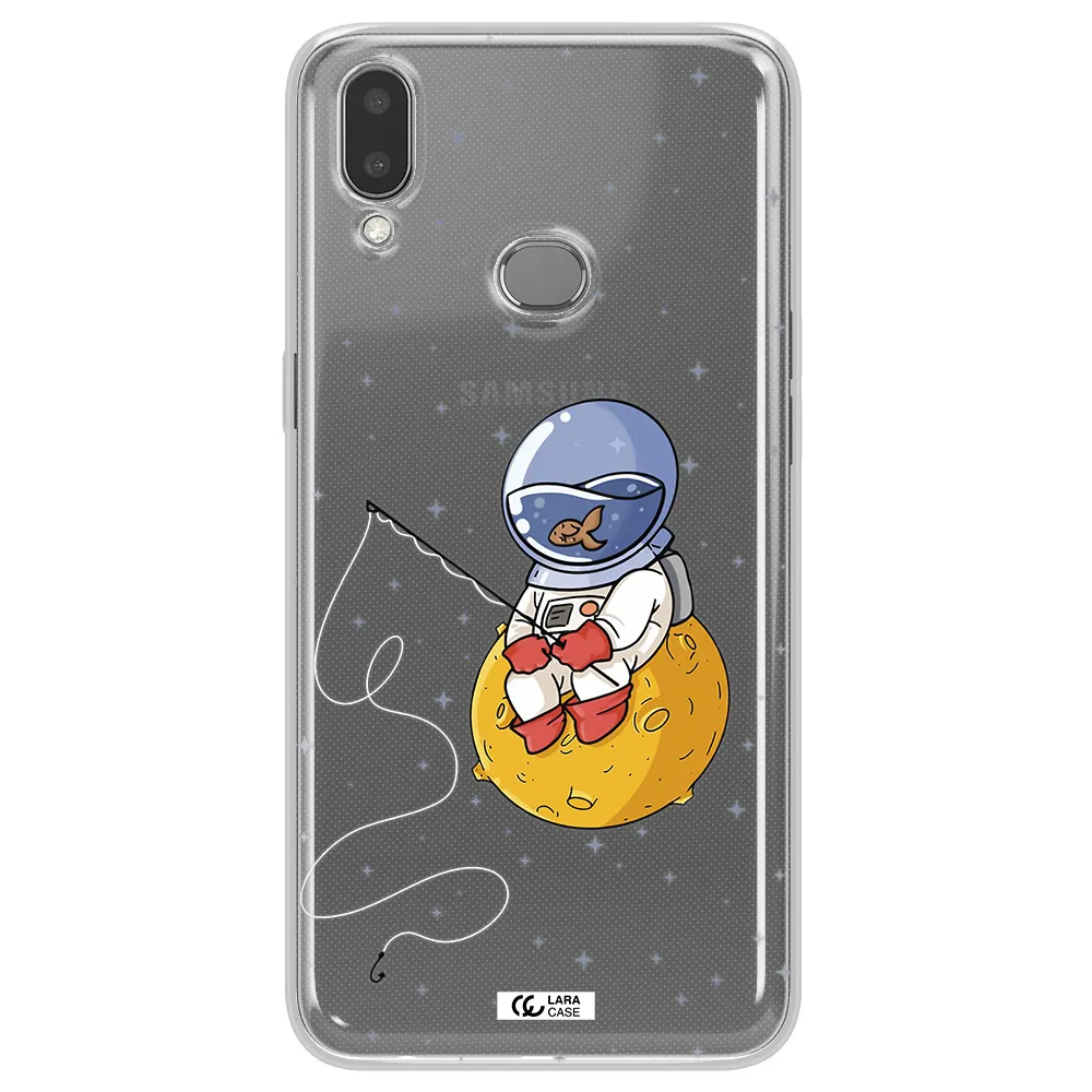 a cartoon of an astronaut sitting on a moon Samsung A10S Clear TPU Case