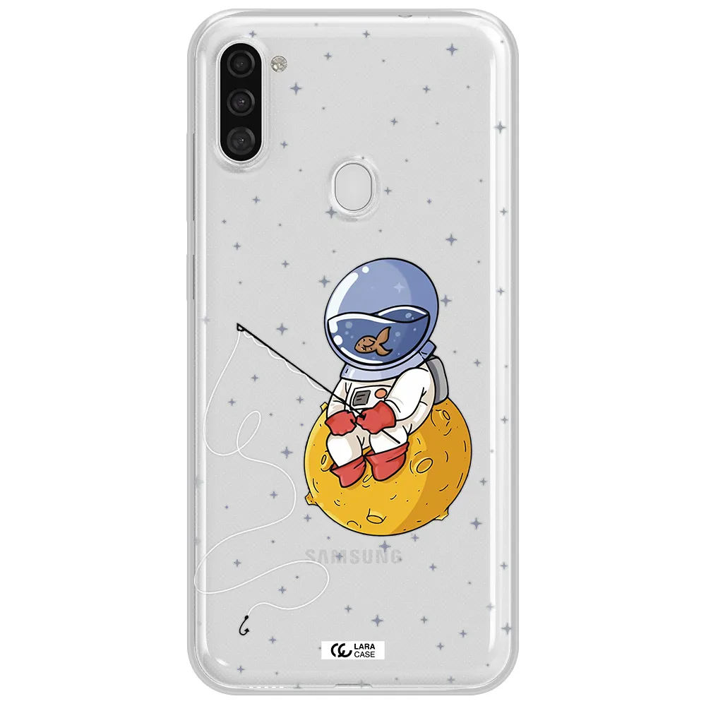 a cartoon of an astronaut sitting on a moon Samsung A11 Clear TPU Case