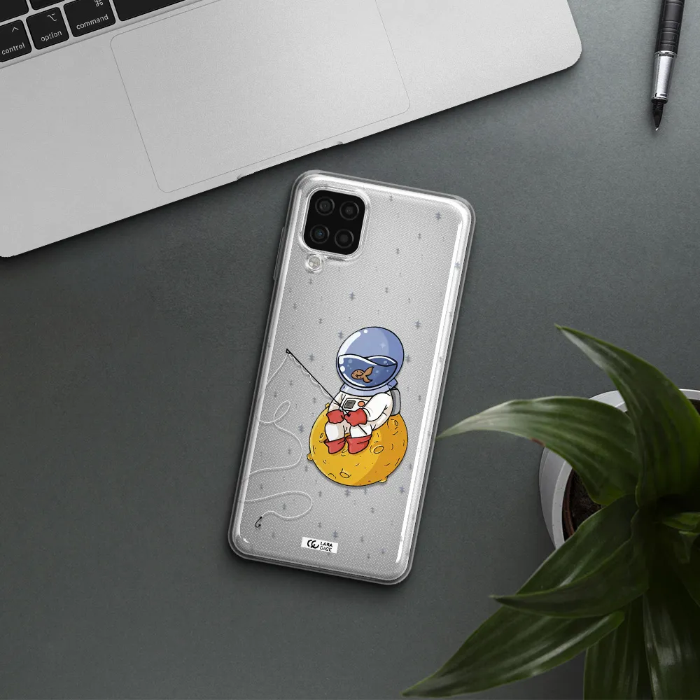 a cartoon of an astronaut sitting on a moon Samsung A12 4g Clear TPU Case