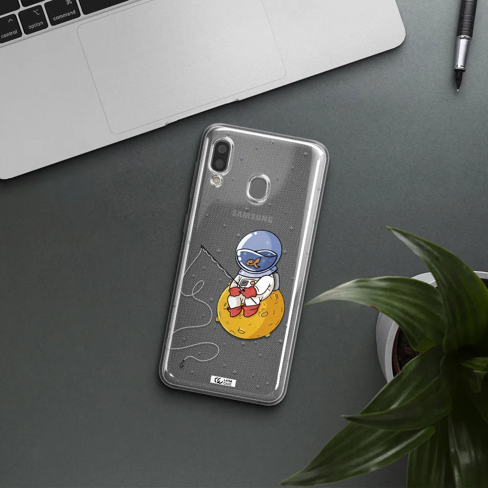 a cartoon of an astronaut sitting on a moon Samsung A20 Clear TPU Case