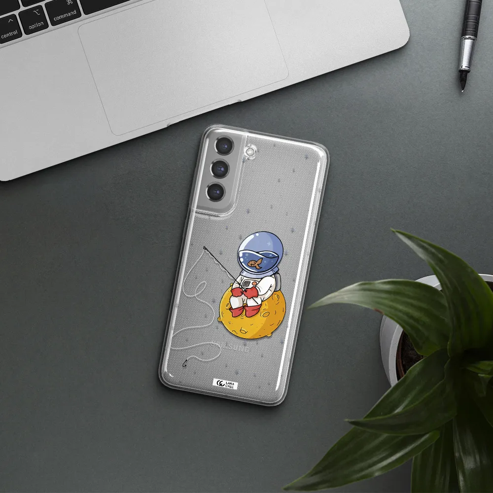 a cartoon of an astronaut sitting on a moon Samsung A21 Fe Clear TPU Case