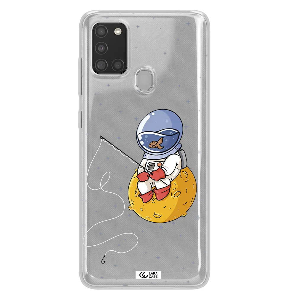 a cartoon of an astronaut sitting on a moon Samsung A21S Clear TPU Case