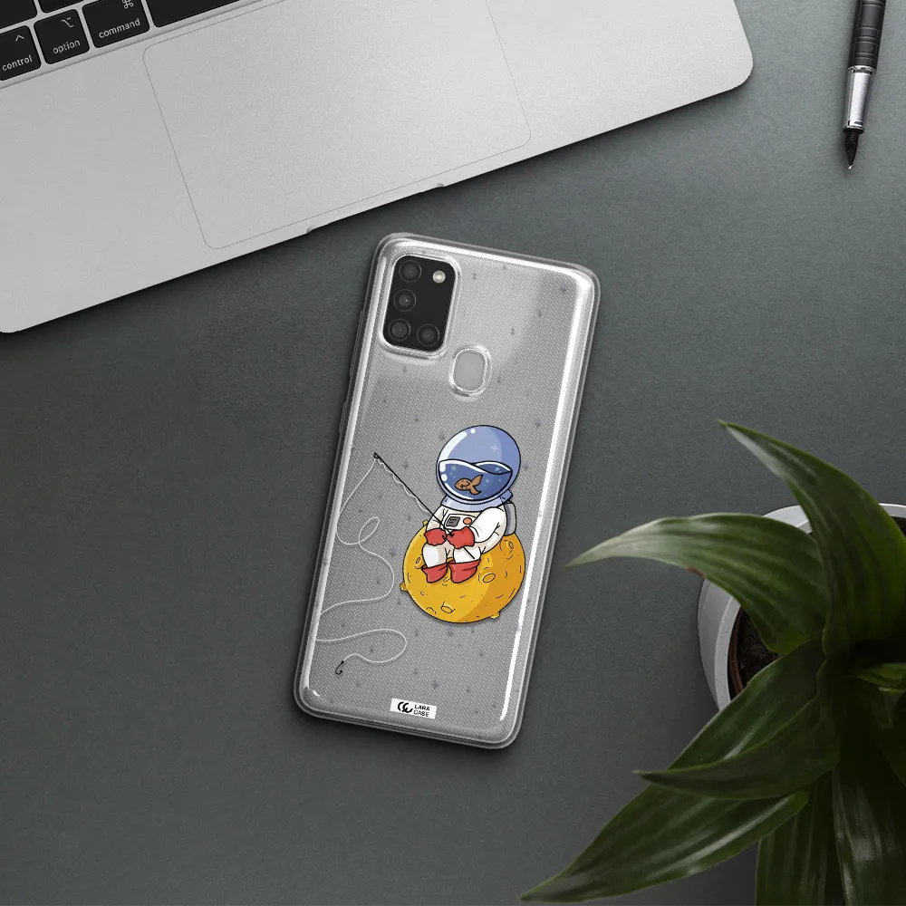 a cartoon of an astronaut sitting on a moon Samsung A21S Clear TPU Case