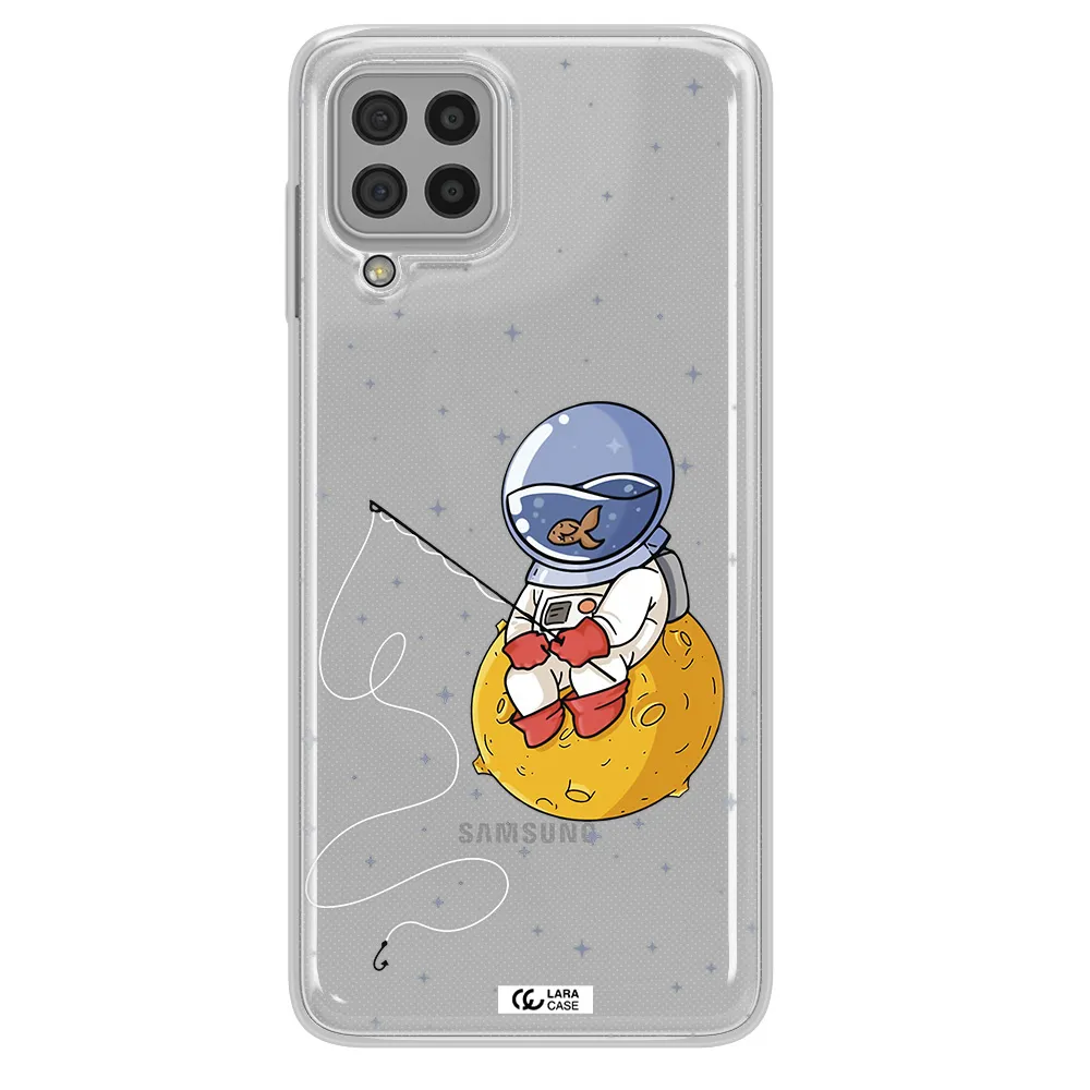 a cartoon of an astronaut sitting on a moon Samsung A22 4g Clear TPU Case