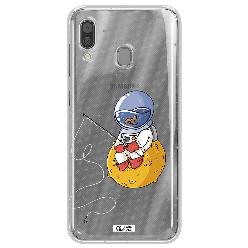 a cartoon of an astronaut sitting on a moon Samsung A30 Clear TPU Case