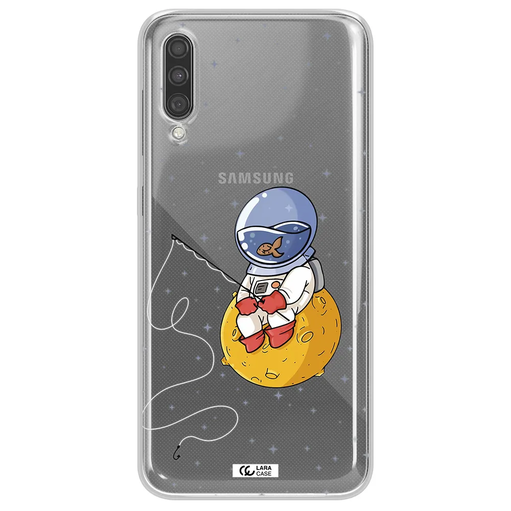 a cartoon of an astronaut sitting on a moon Samsung A30S Clear TPU Case