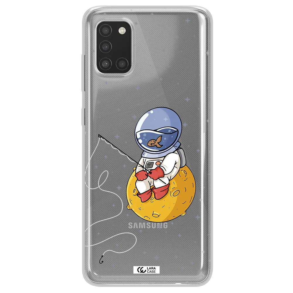 a cartoon of an astronaut sitting on a moon Samsung A31 Clear TPU Case