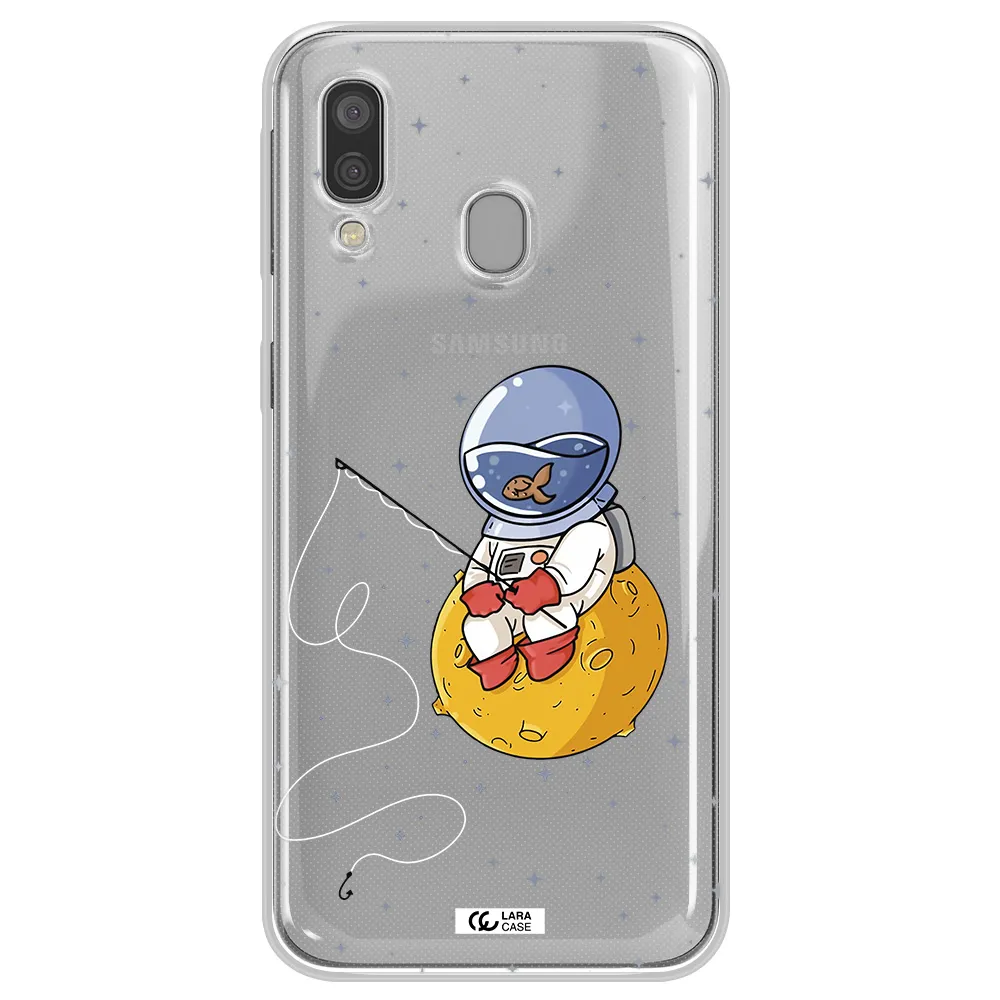 a cartoon of an astronaut sitting on a moon Samsung A40 Clear TPU Case