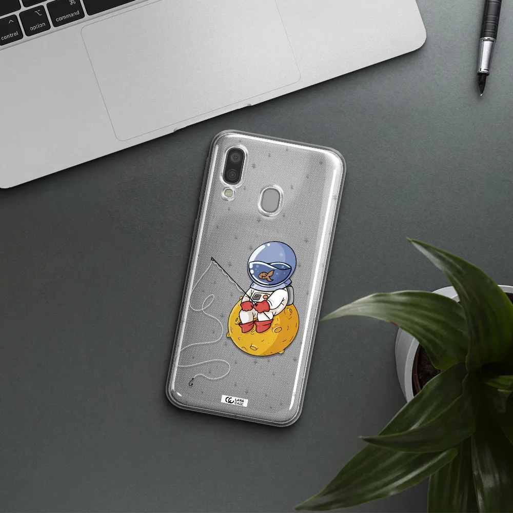a cartoon of an astronaut sitting on a moon Samsung A40 Clear TPU Case