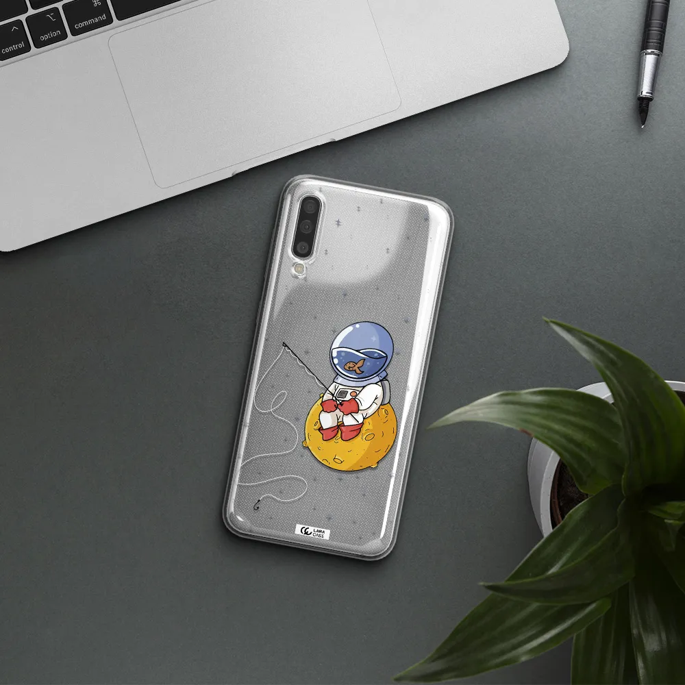 a cartoon of an astronaut sitting on a moon Samsung A50 Clear TPU Case