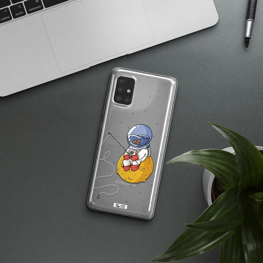 a cartoon of an astronaut sitting on a moon Samsung A51 Clear TPU Case