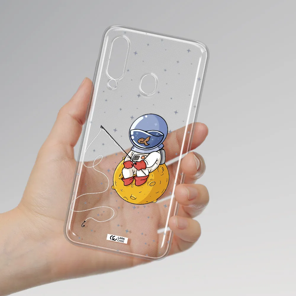 a cartoon of an astronaut sitting on a moon Samsung A60 Clear TPU Case