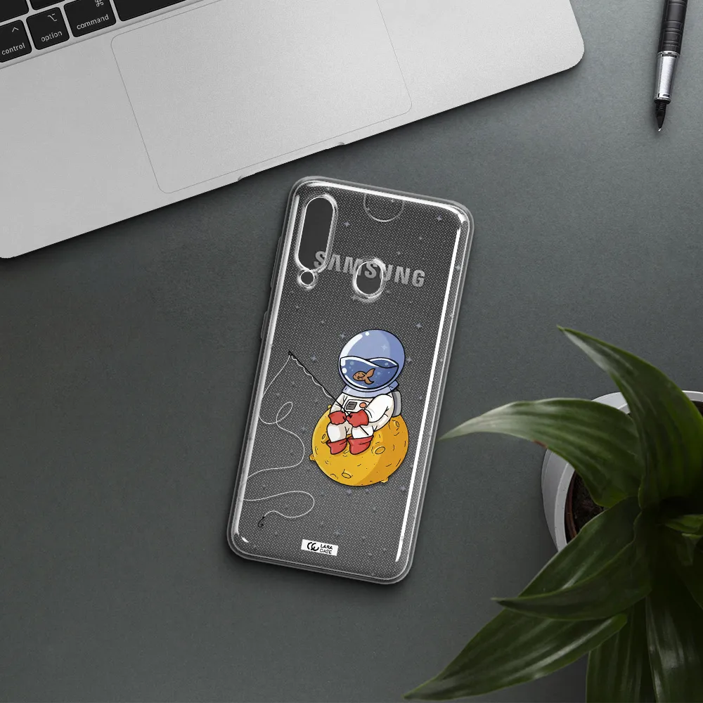 a cartoon of an astronaut sitting on a moon Samsung A60 Clear TPU Case
