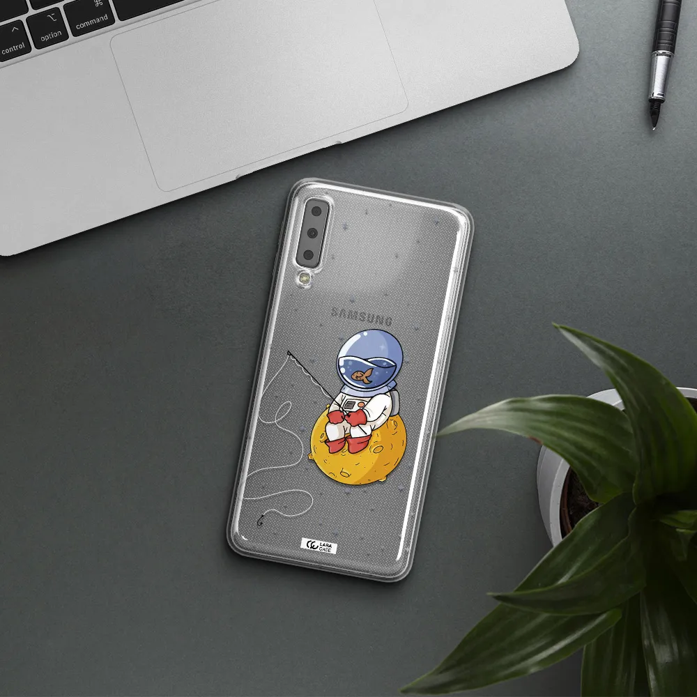 a cartoon of an astronaut sitting on a moon Samsung A7 2018 Clear TPU Case