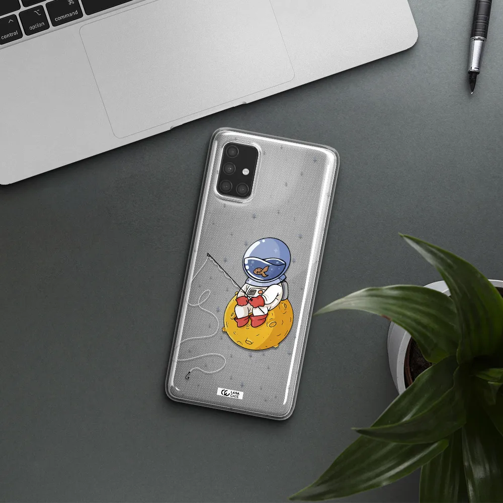 a cartoon of an astronaut sitting on a moon Samsung A71 Clear TPU Case