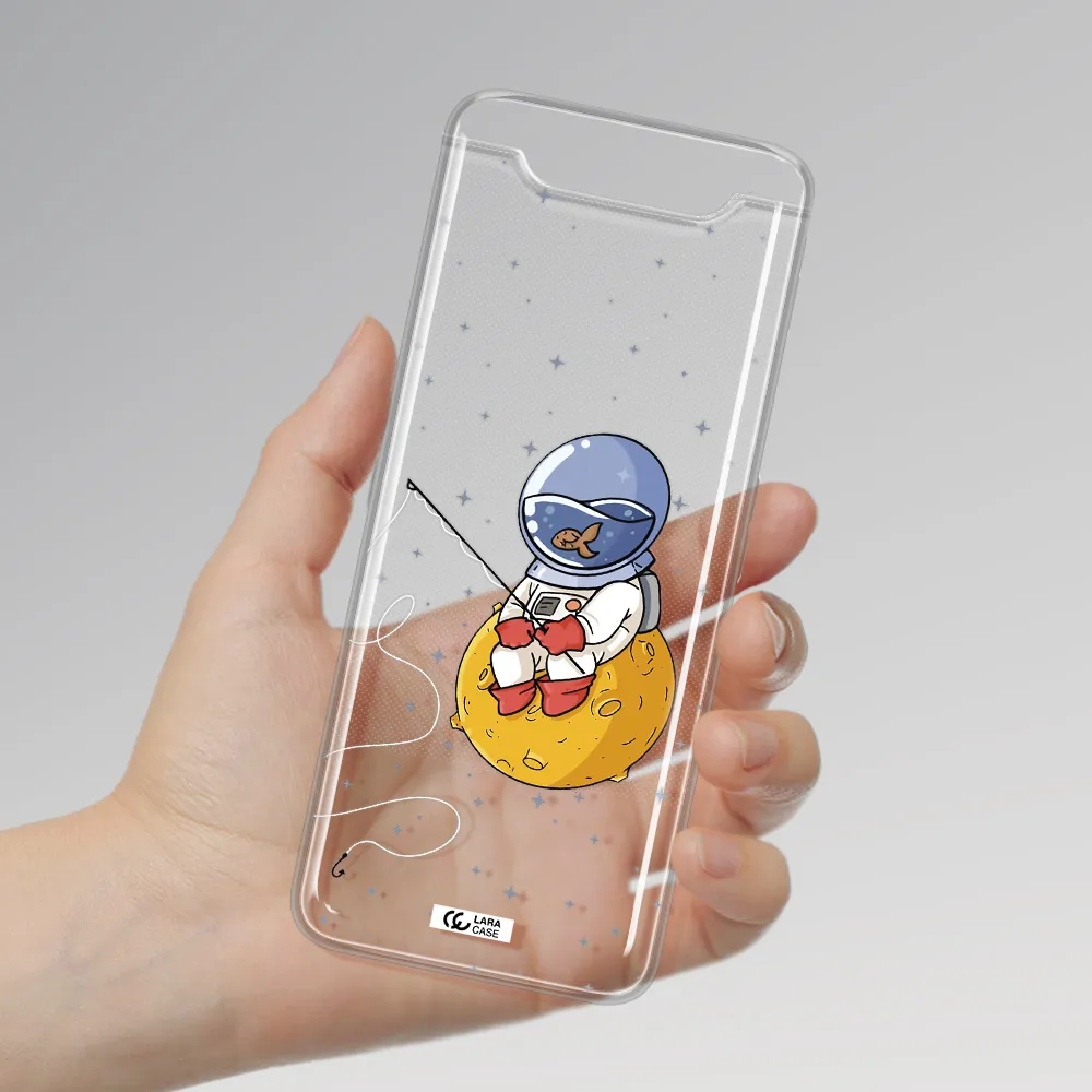 a cartoon of an astronaut sitting on a moon Samsung A80 Clear TPU Case