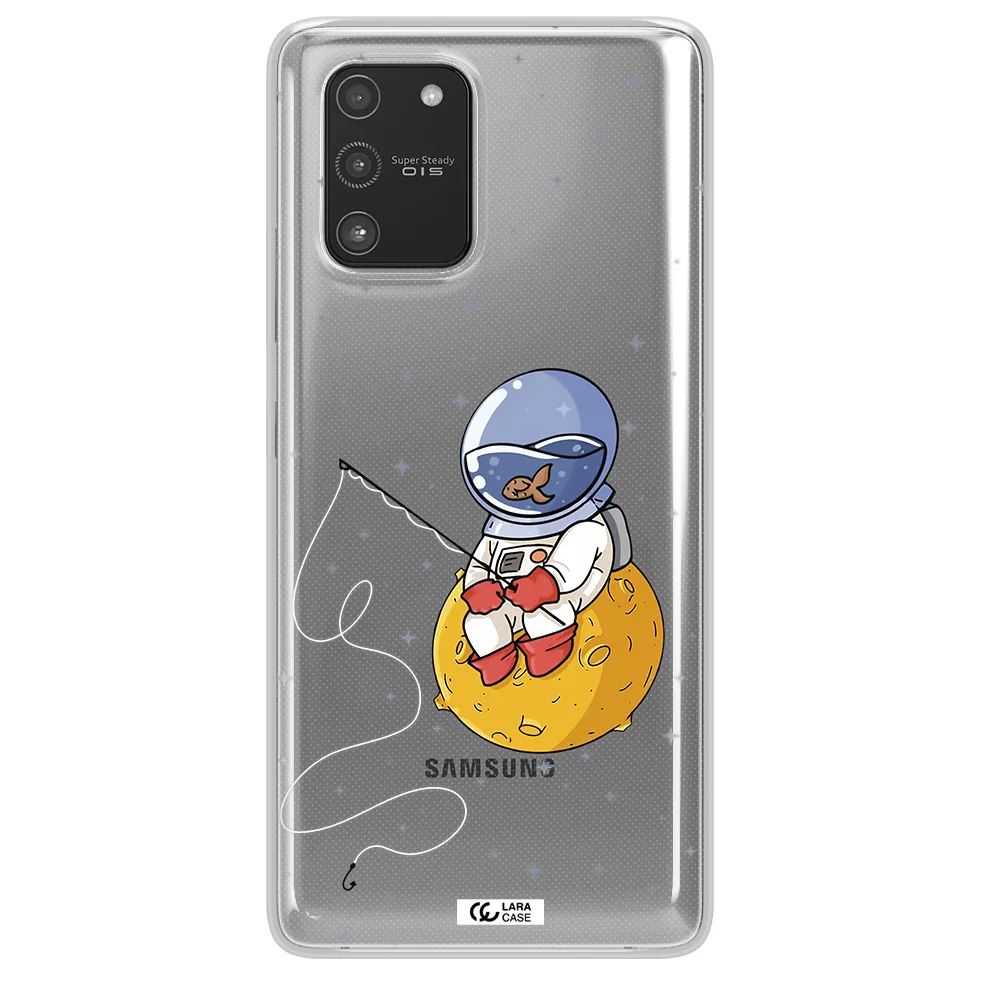 a cartoon of an astronaut sitting on a moon Samsung A91 Clear TPU Case