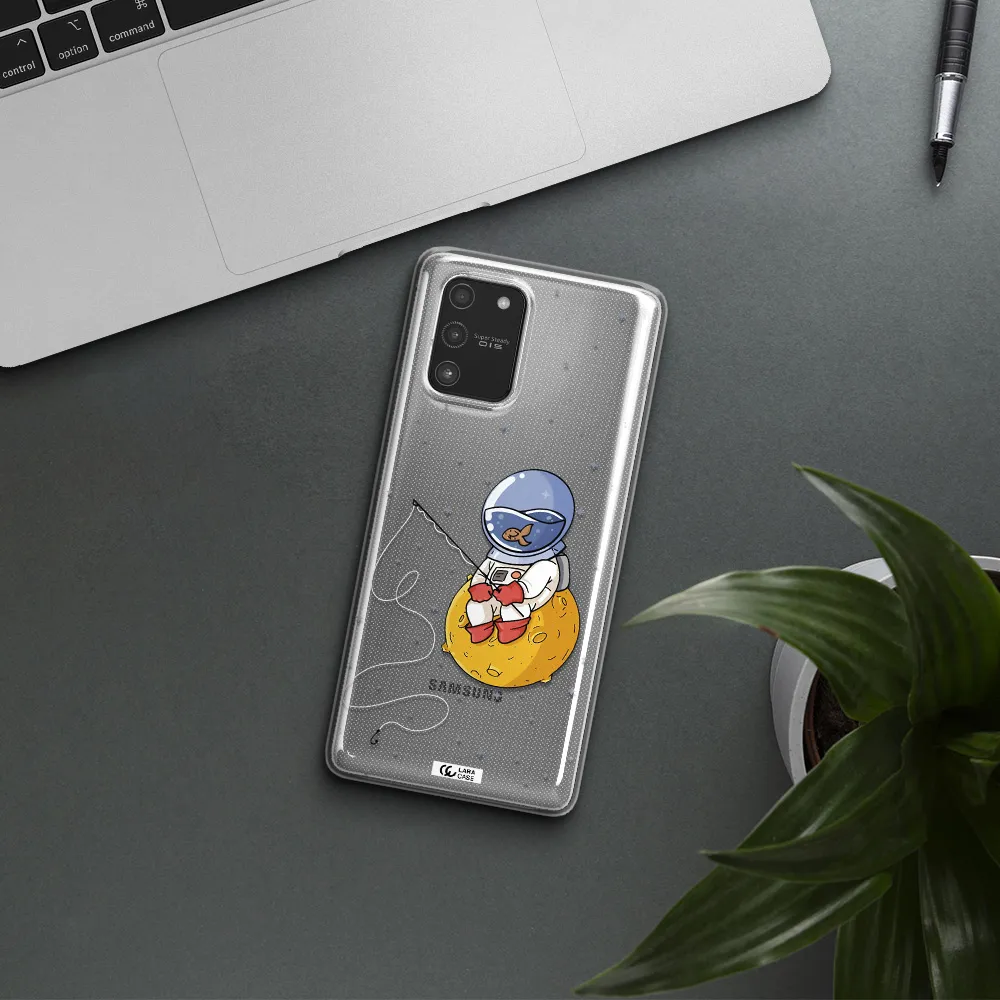 a cartoon of an astronaut sitting on a moon Samsung A91 Clear TPU Case