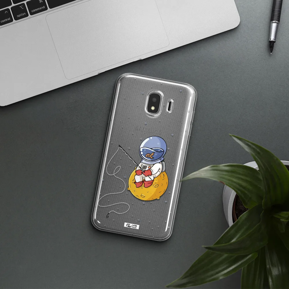 a cartoon of an astronaut sitting on a moon Samsung J4 Clear TPU Case