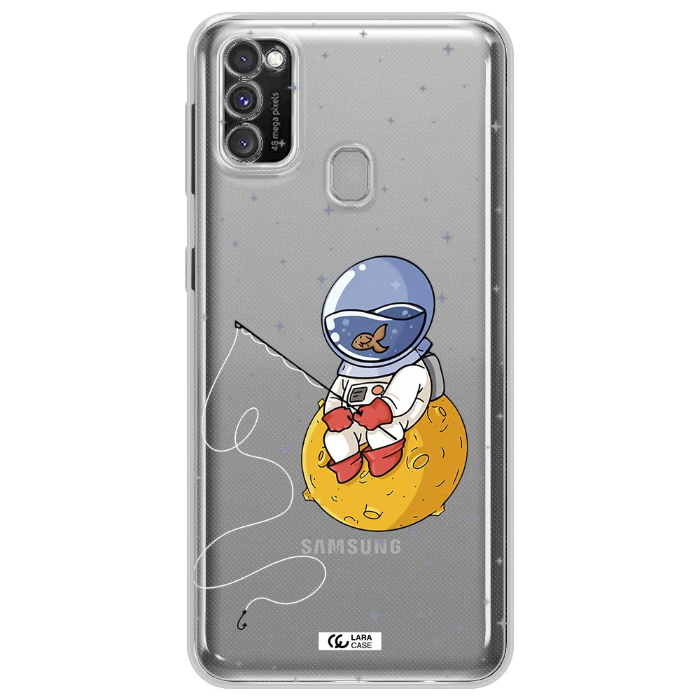 a cartoon of an astronaut sitting on a moon Samsung M30S Clear TPU Case
