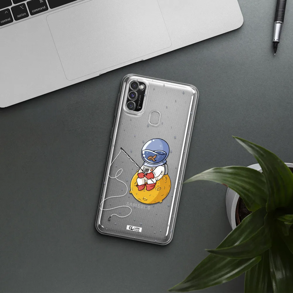 a cartoon of an astronaut sitting on a moon Samsung M30S Clear TPU Case