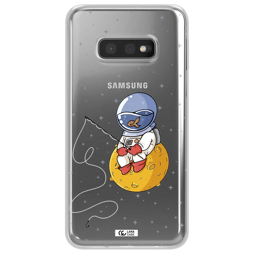 a cartoon of an astronaut sitting on a moon Samsung S10e Clear TPU Case