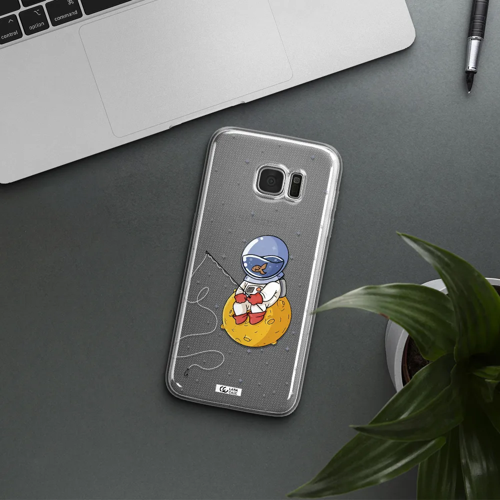 a cartoon of an astronaut sitting on a moon Samsung S7 Edge Clear TPU Case