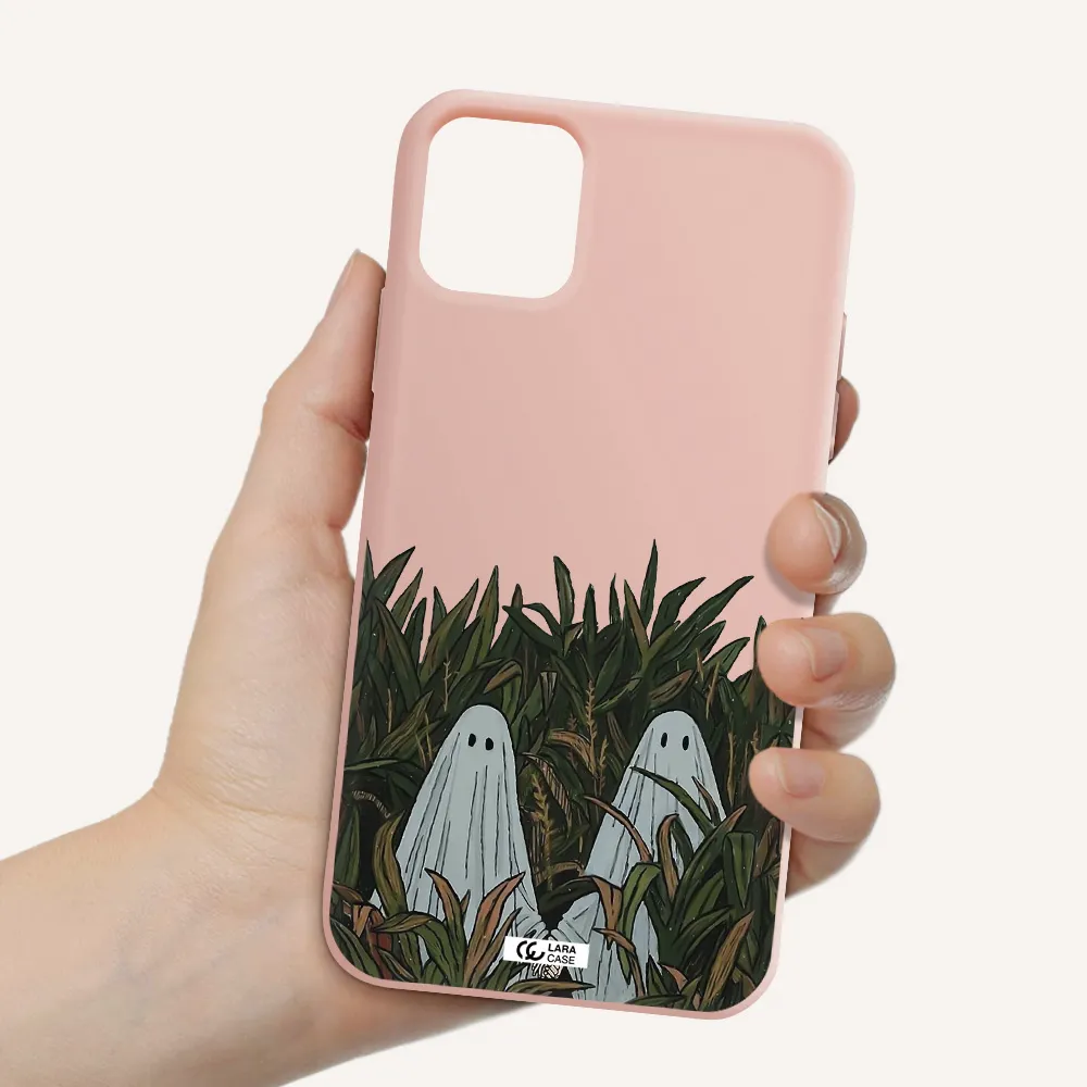 a group of ghosts in a field of grass Apple iPhone 11 Silicone pastel pink Case