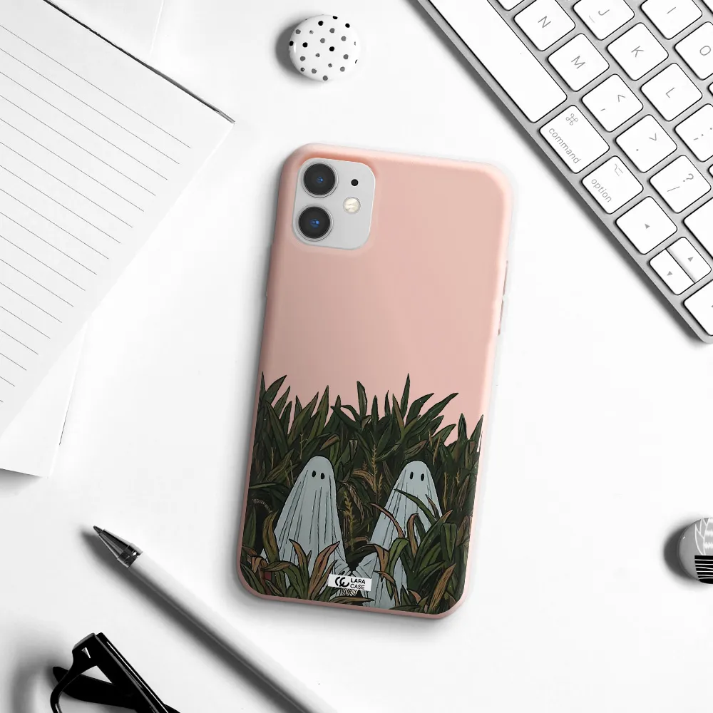 a group of ghosts in a field of grass Apple iPhone 11 Silicone pastel pink Case