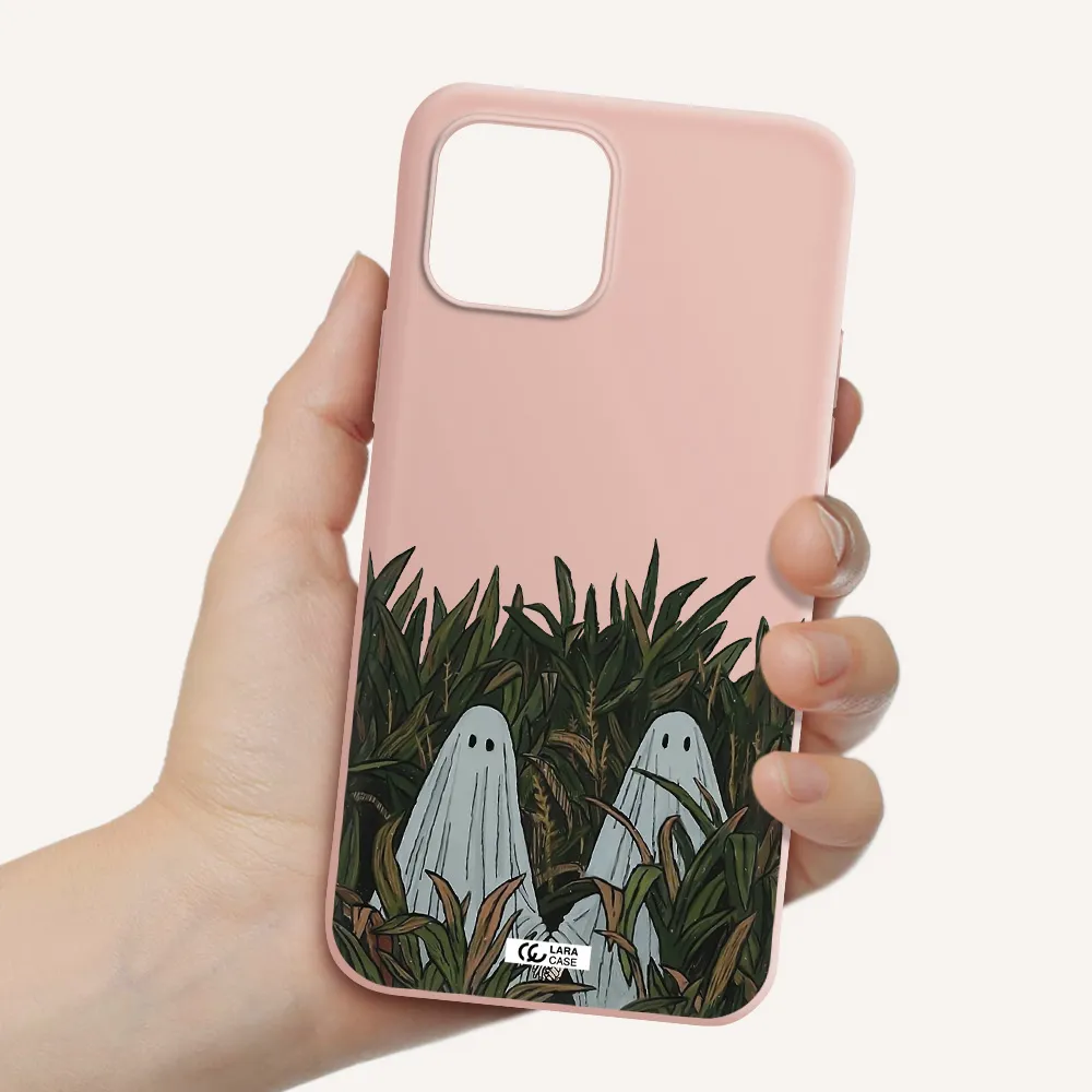 a group of ghosts in a field of grass Apple iPhone 12 Silicone pastel pink Case