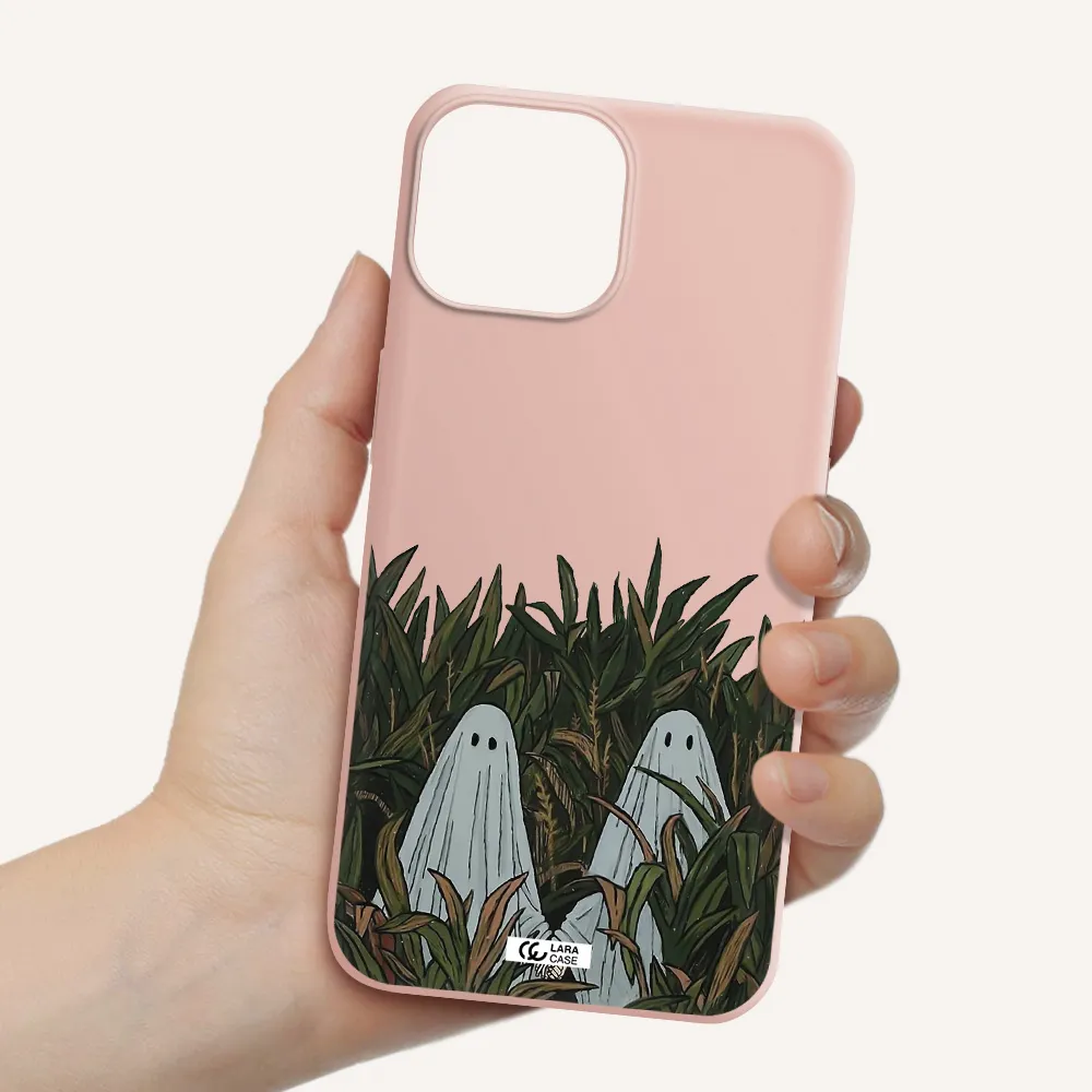 a group of ghosts in a field of grass Apple iPhone 13 Silicone pastel pink Case