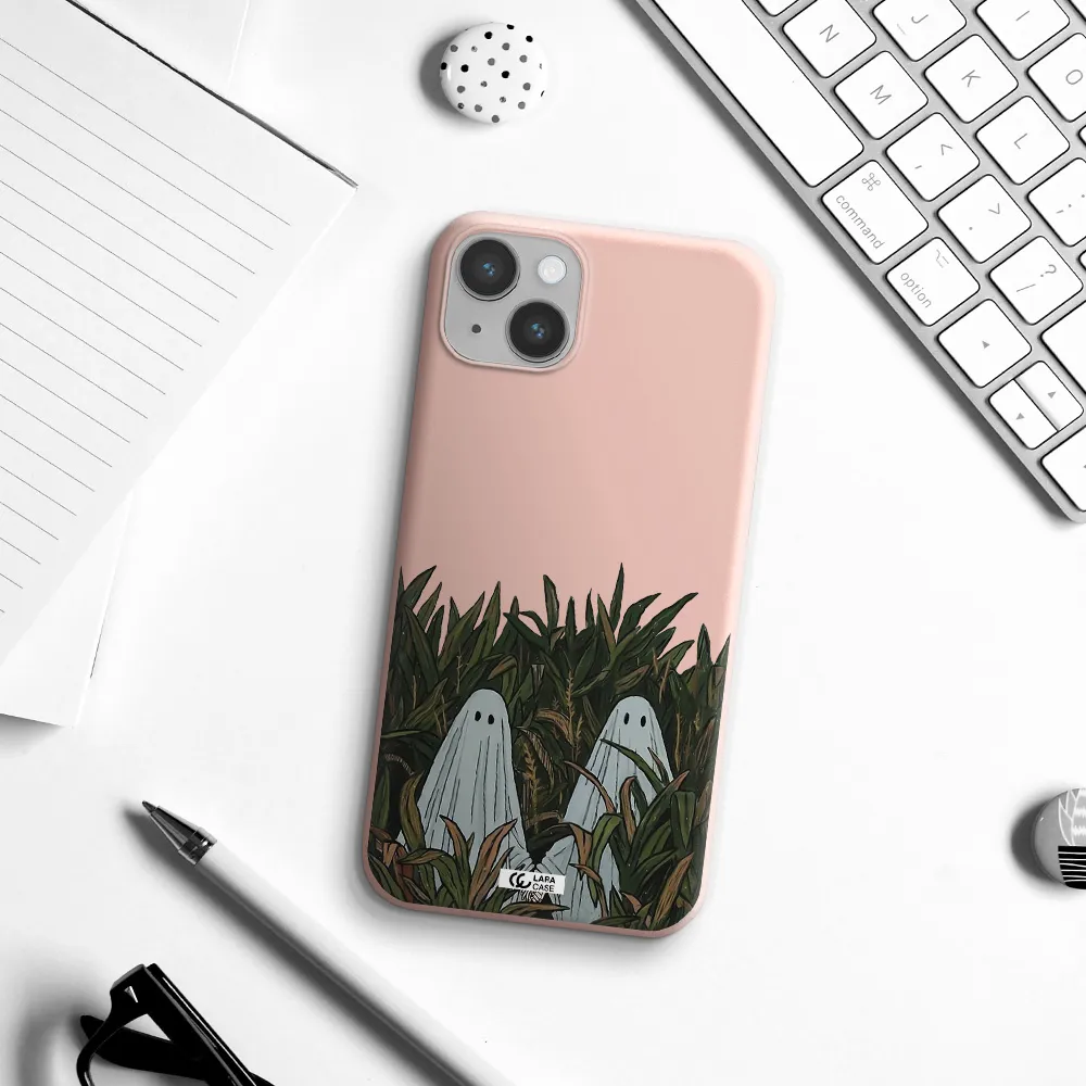 a group of ghosts in a field of grass Apple iPhone 14 plus Silicone pastel pink Case