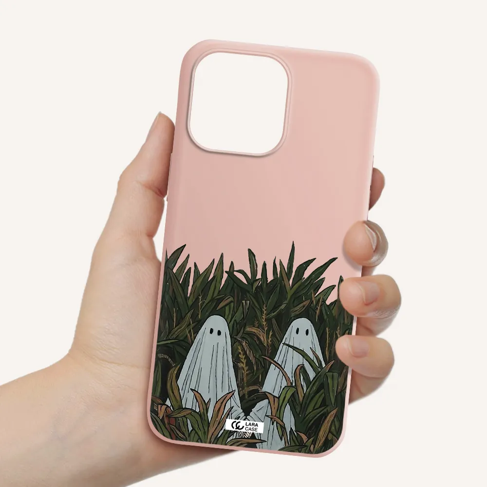 a group of ghosts in a field of grass Apple iPhone 14 pro max Silicone pastel pink Case