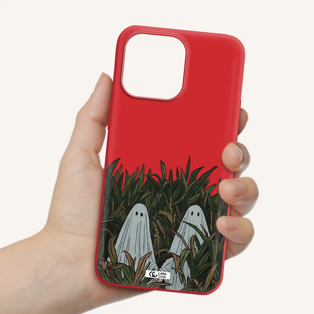 a group of ghosts in a field of grass Apple iPhone 14 pro Silicone Imperial Red Case