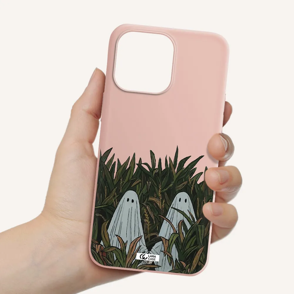 a group of ghosts in a field of grass Apple iPhone 14 pro Silicone pastel pink Case
