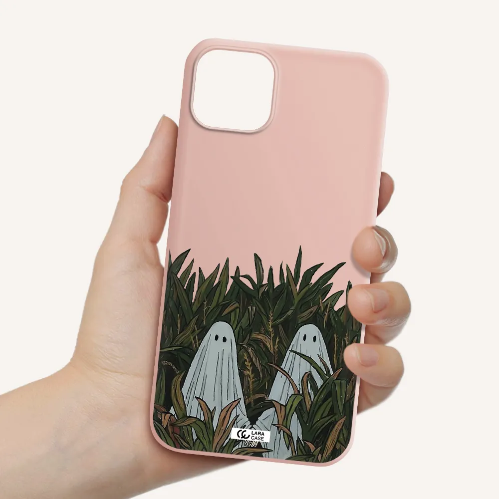a group of ghosts in a field of grass Apple iPhone 14 Silicone pastel pink Case