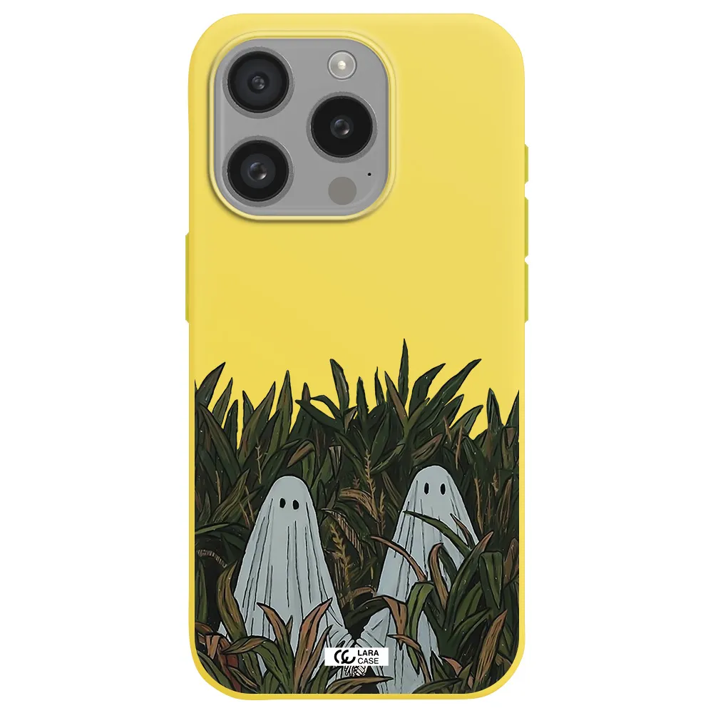 A Group Of Ghosts In A Field Of Grass Apple Iphone 15 Pro Silicone Canary Yellow Case