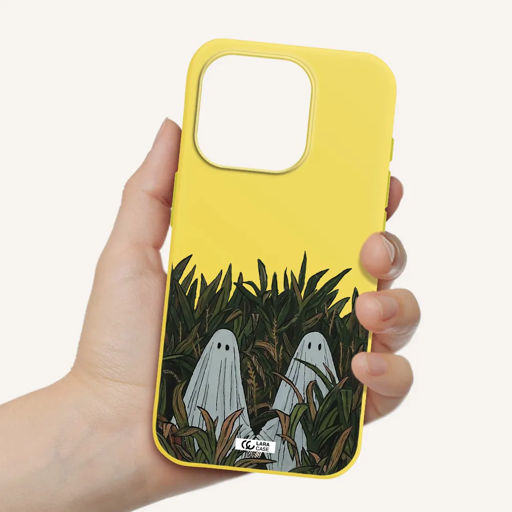 A Group Of Ghosts In A Field Of Grass Apple Iphone 15 Pro Silicone Canary Yellow Case