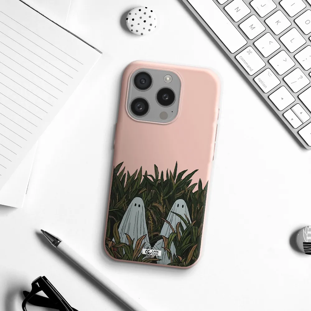 A Group Of Ghosts In A Field Of Grass Apple Iphone 15 Pro Silicone Pastel Pink Case