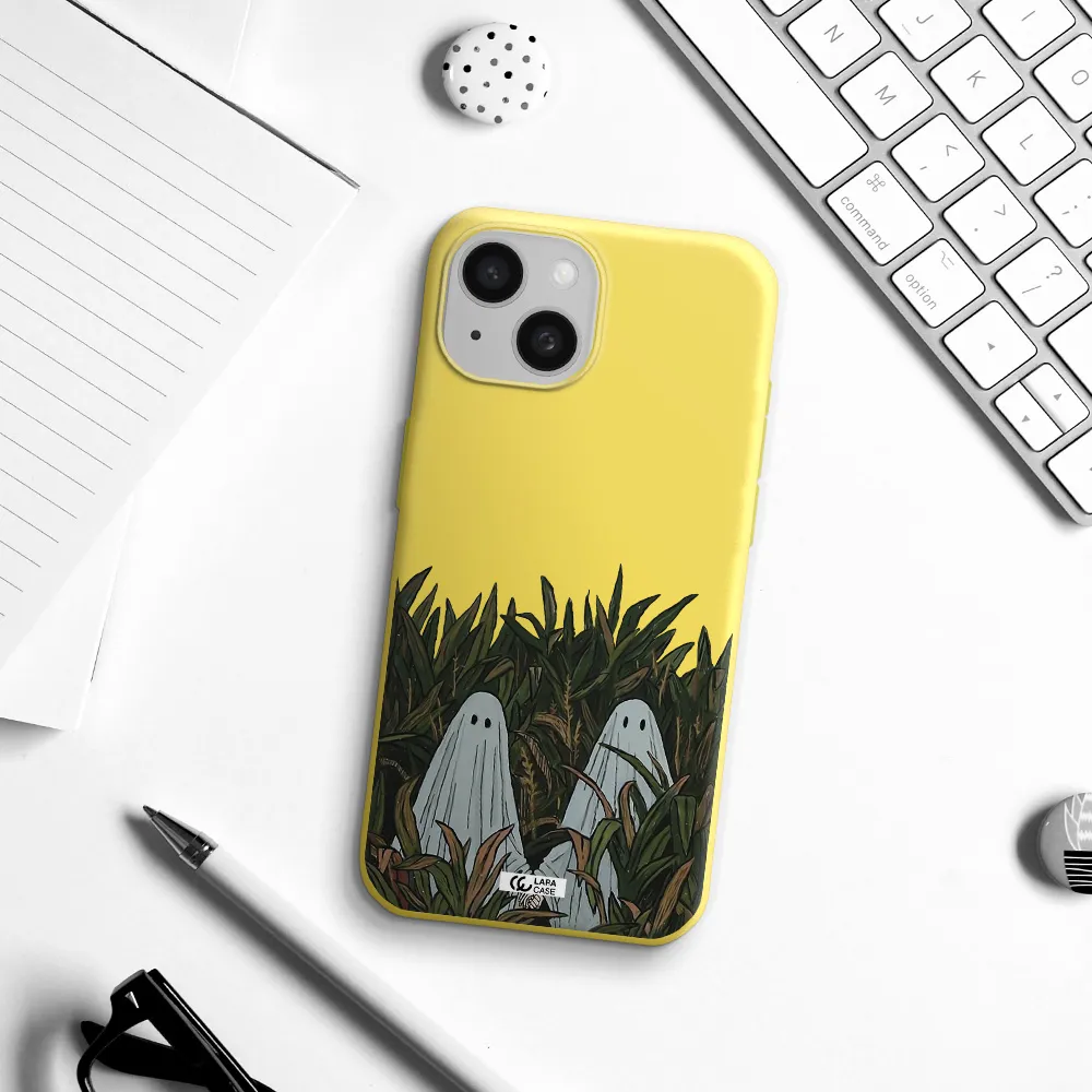a group of ghosts in a field of grass Apple iPhone 15 Silicone canary yellow Case