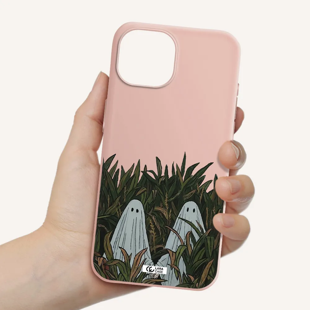 A Group Of Ghosts In A Field Of Grass Apple Iphone 15 Silicone Pastel Pink Case