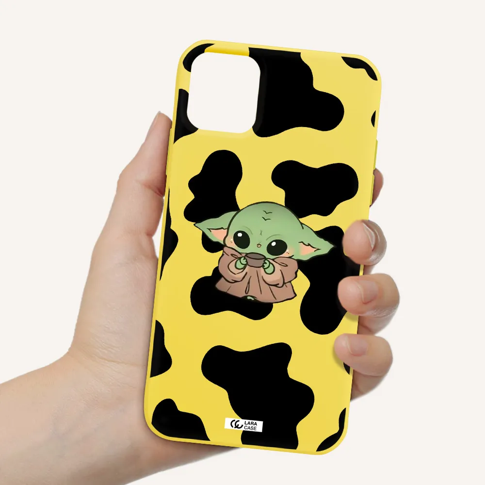 a cartoon of a baby yoda Apple iPhone 11 Silicone canary yellow Case