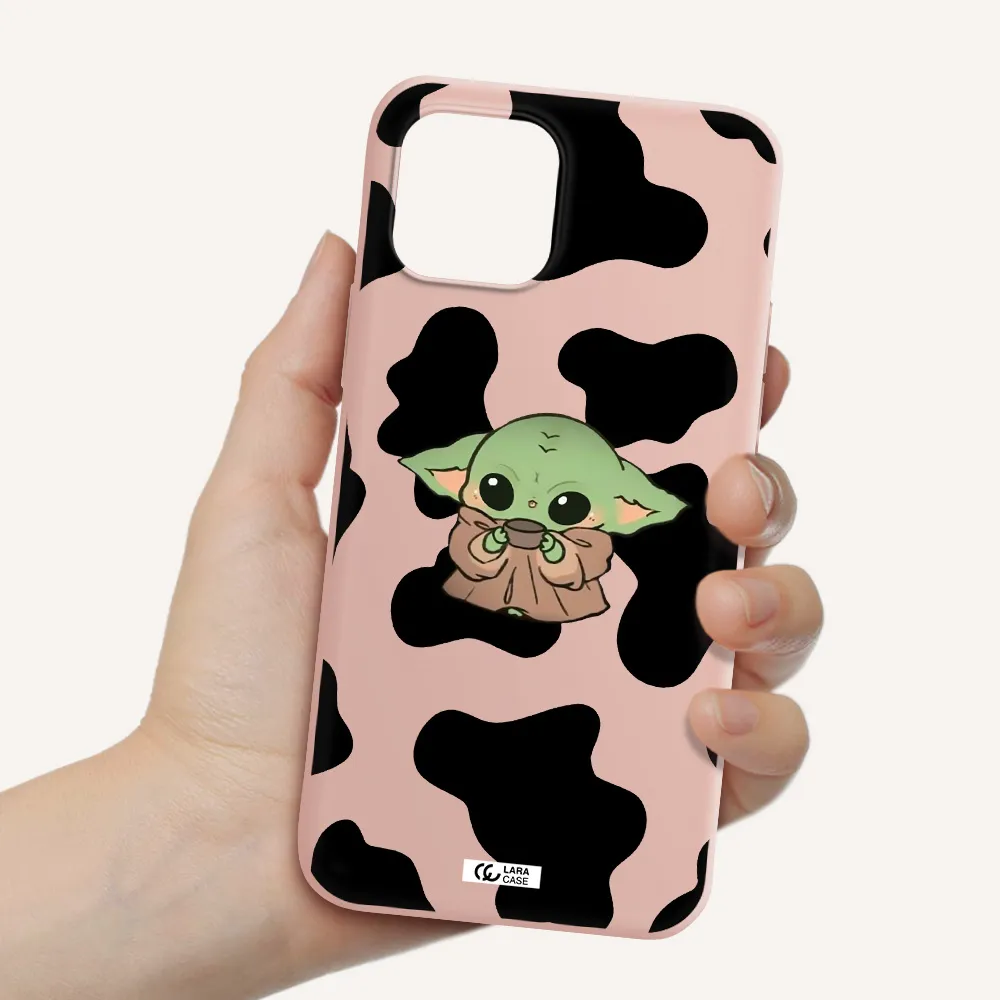 a cartoon of a baby yoda Apple iPhone 12 Silicone pastel pink Case