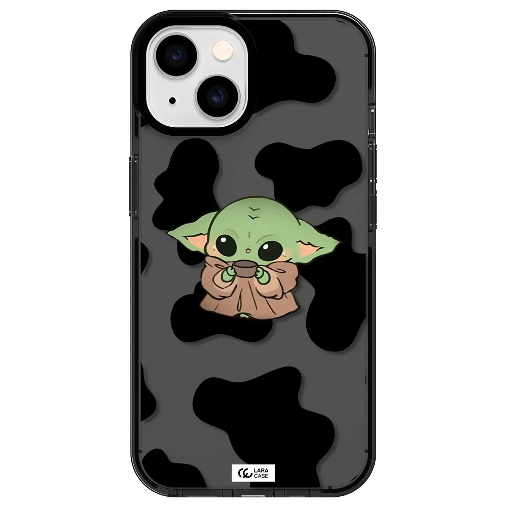 a cartoon of a baby yoda Apple iPhone 14 impact Smoke Black Case