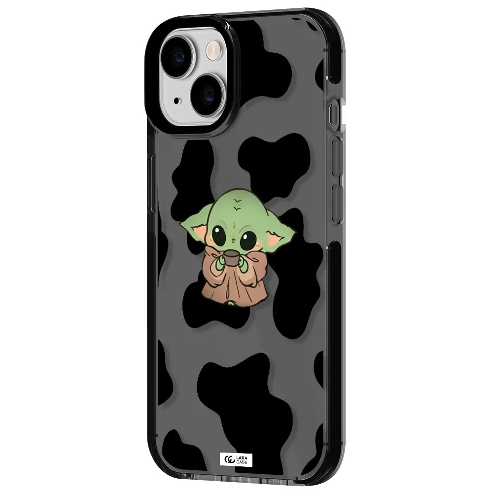a cartoon of a baby yoda Apple iPhone 14 impact Smoke Black Case