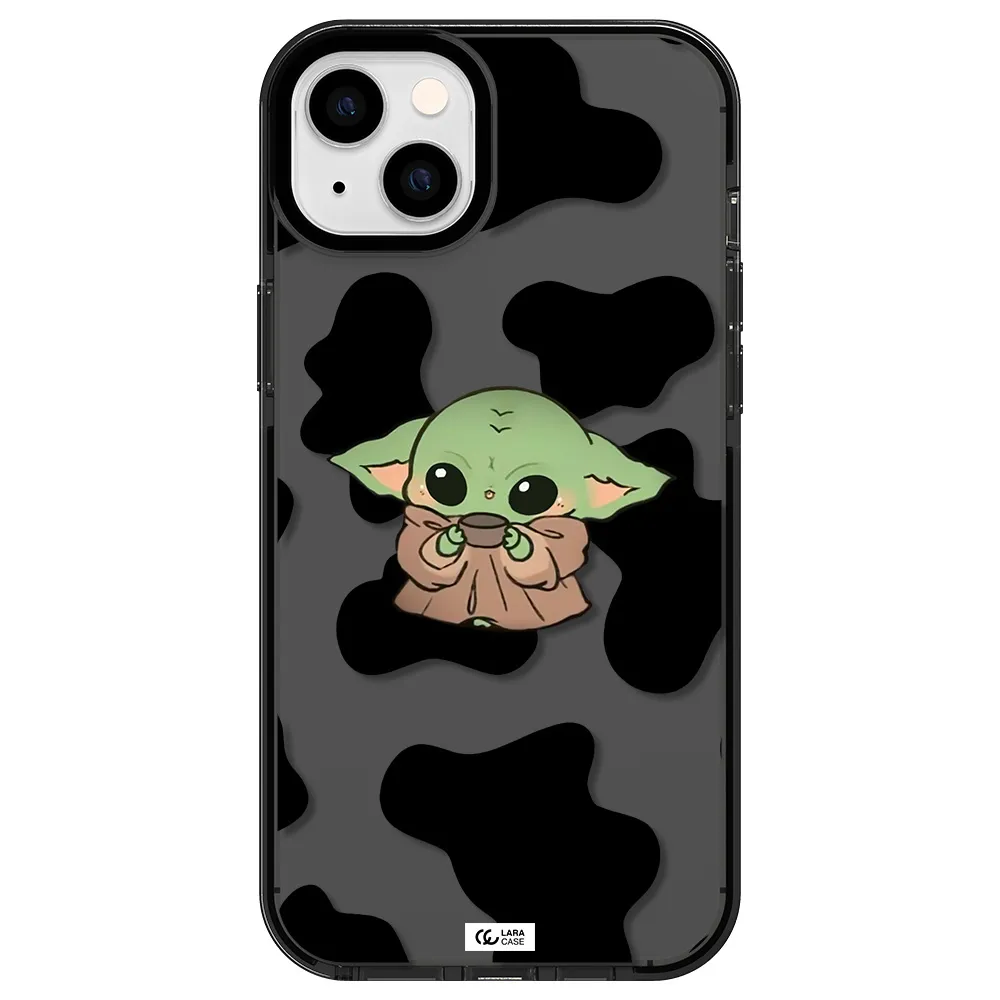 a cartoon of a baby yoda Apple iPhone 14 plus impact Smoke Black Case