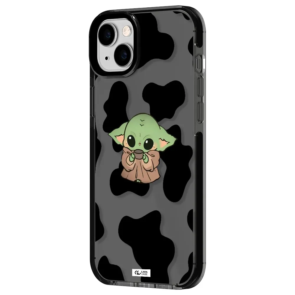 a cartoon of a baby yoda Apple iPhone 14 plus impact Smoke Black Case
