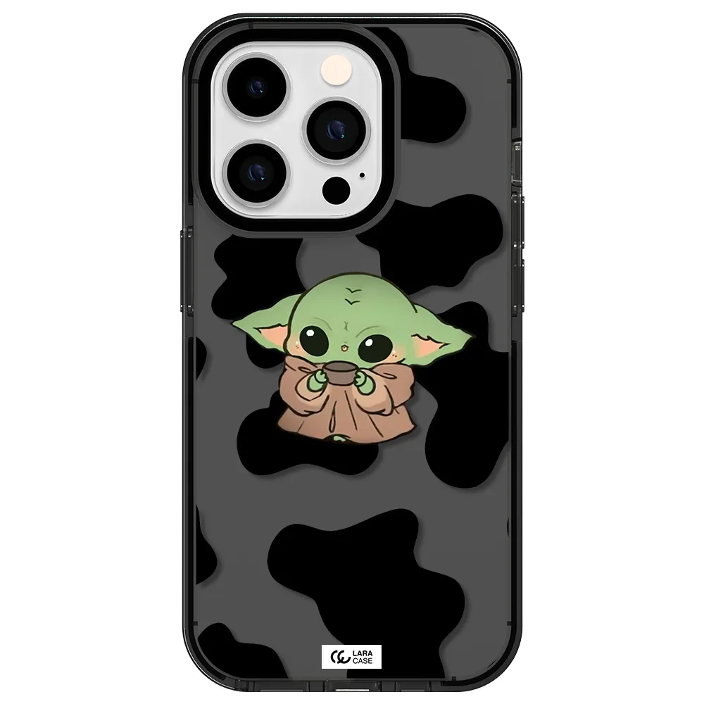 a cartoon of a baby yoda Apple iPhone 14 pro impact Smoke Black Case