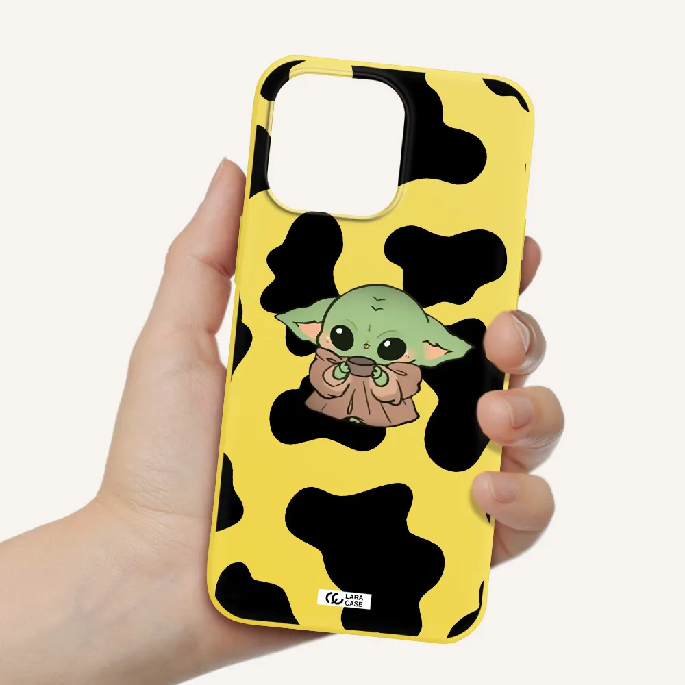 a cartoon of a baby yoda Apple iPhone 14 pro Silicone canary yellow Case